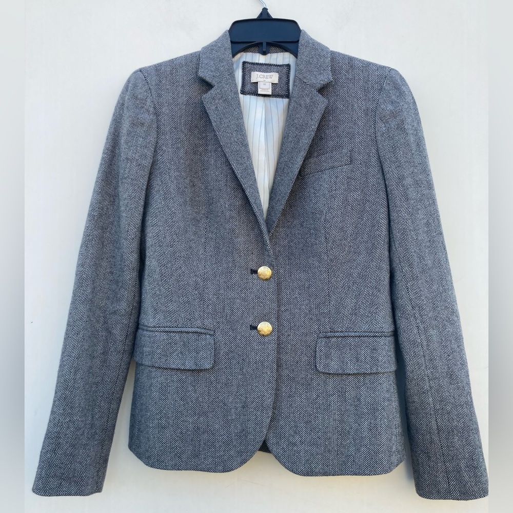 J. Crew Women’s Herringbone Blazer Wool Blend Gold Buttons Lined Back Size 00